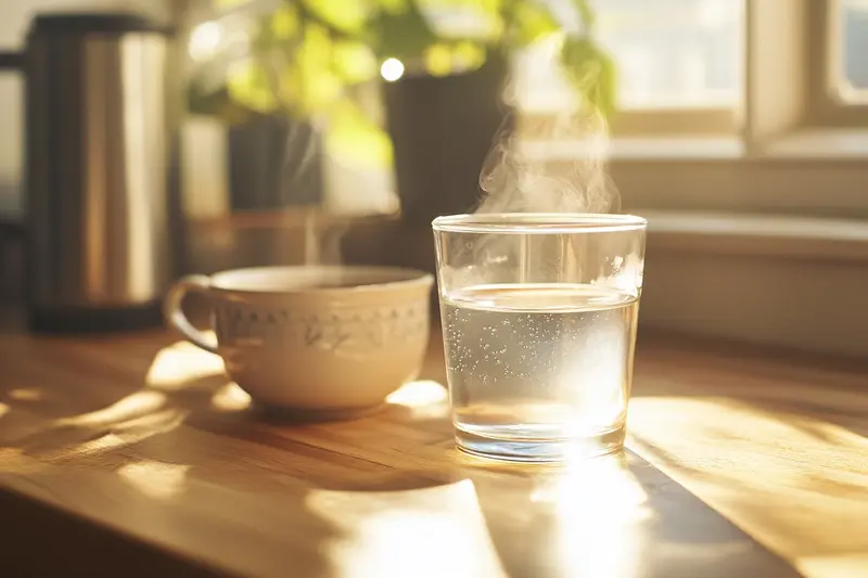 Ly nước và tách trà đặt trên bàn gỗ dưới ánh nắng sớm