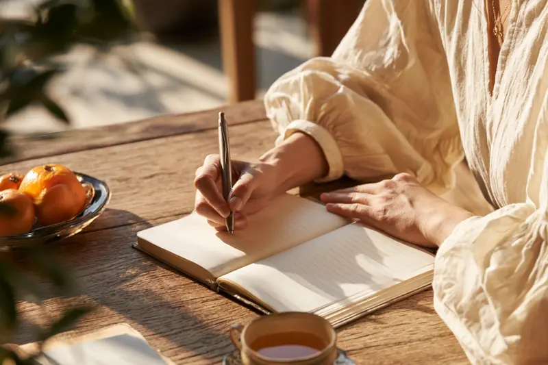Người phụ nữ ngồi ghi chú bên bàn gỗ với tách trà và đĩa trái cây