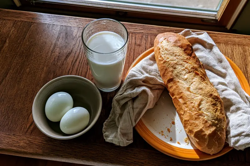 Bữa sáng với một ly sữa tươi, hai quả trứng luộc và ổ bánh mì trên bàn gỗ