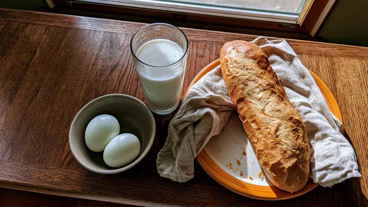 Bữa sáng với một ly sữa tươi, hai quả trứng luộc và ổ bánh mì trên bàn gỗ