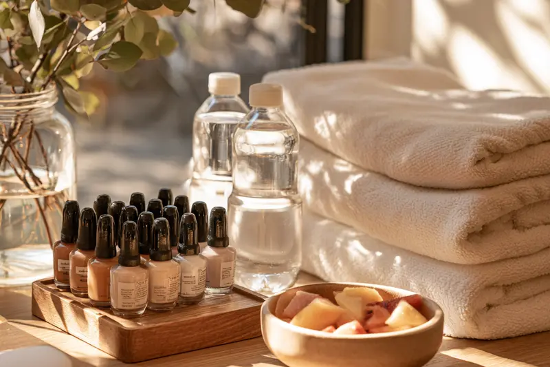 Bàn làm nail gọn gàng với chai nước, khăn và trái cây tươi bên cửa sổ
