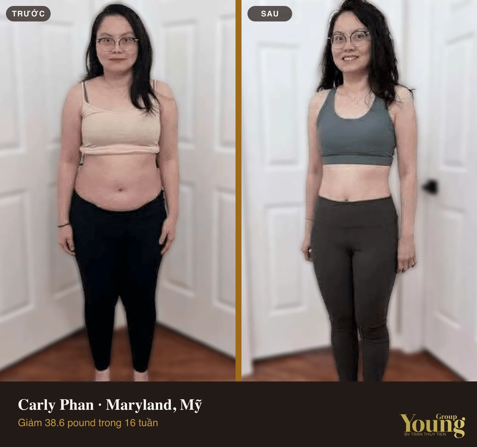 Chị Carly Phan trước và sau khi giảm 38.6 pound