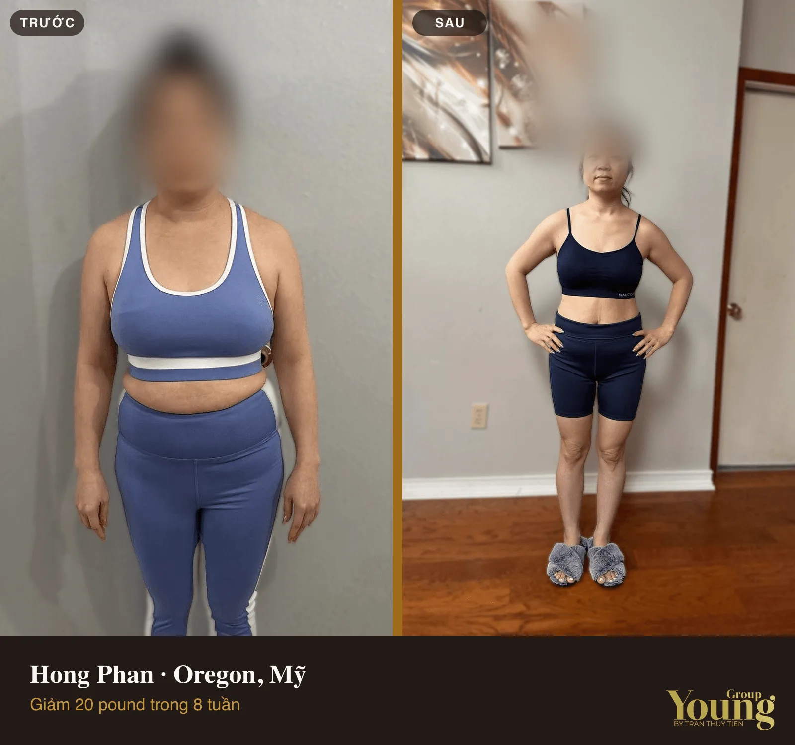 Chị Hong Phan trước và sau khi giảm 20 pound (đã che mặt)