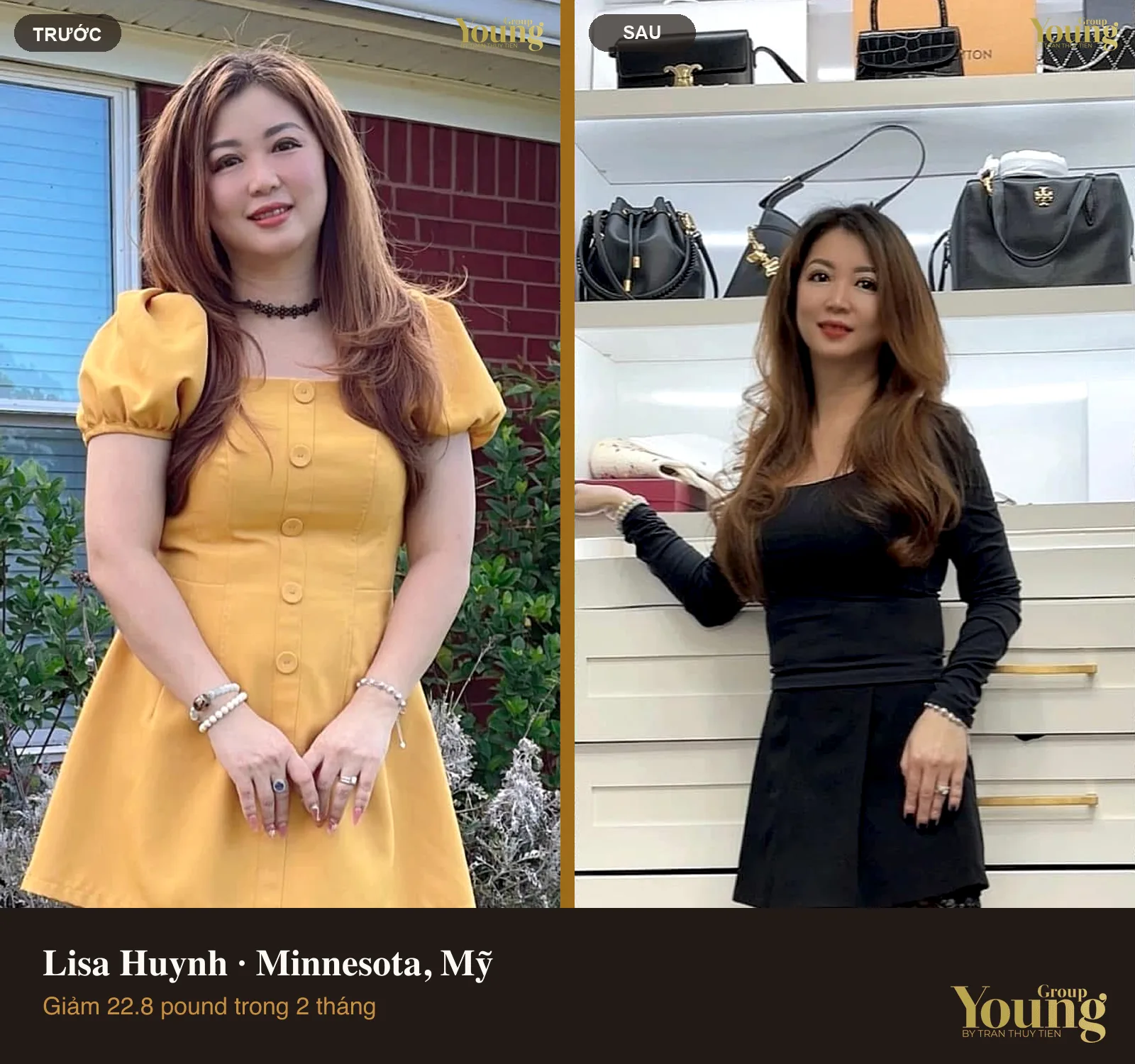 Chị Lisa Huynh trước và sau khi giảm 22.8 pound