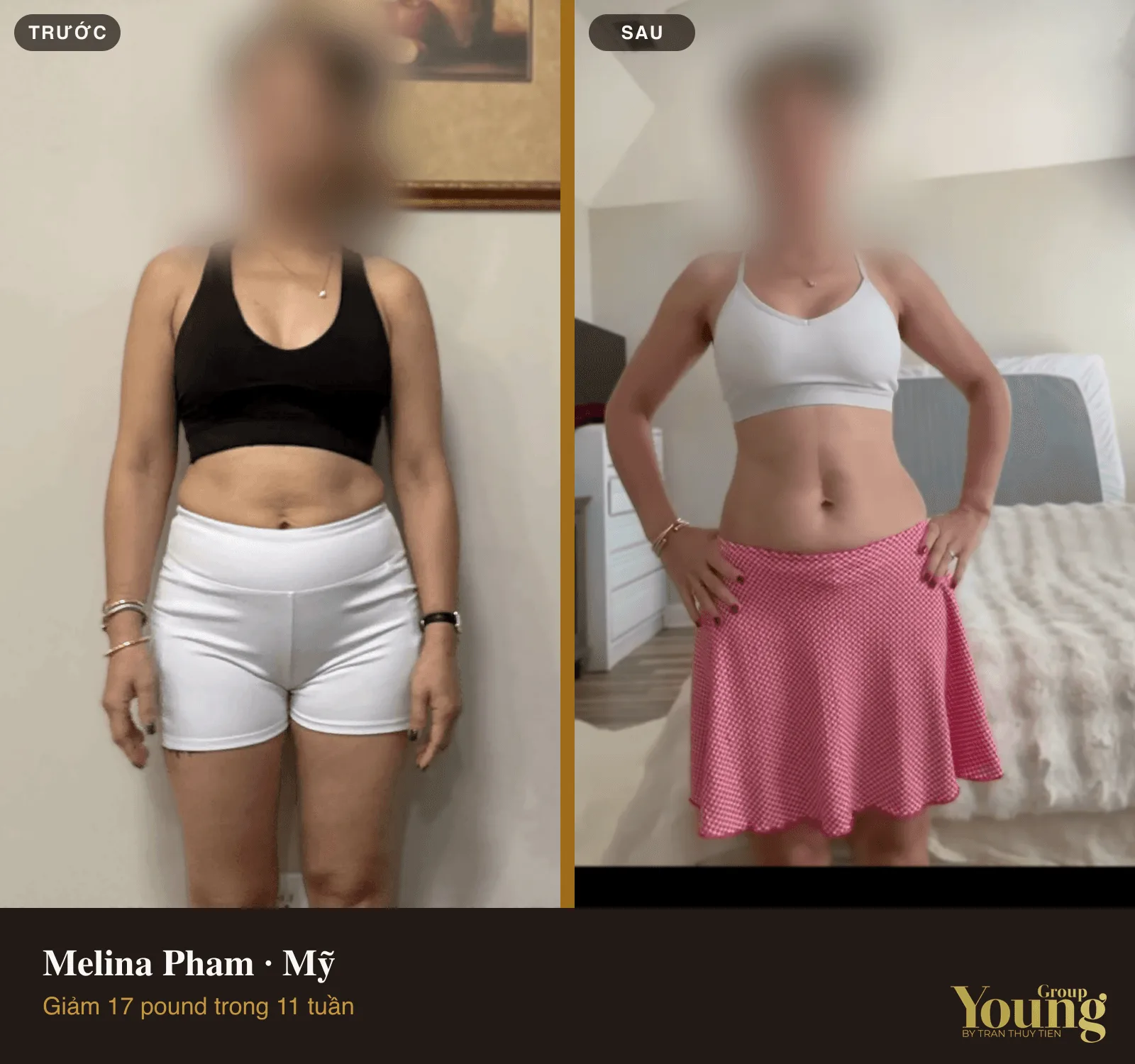 Chị Melina Pham trước và sau khi giảm 17 pound (đã che mặt)
