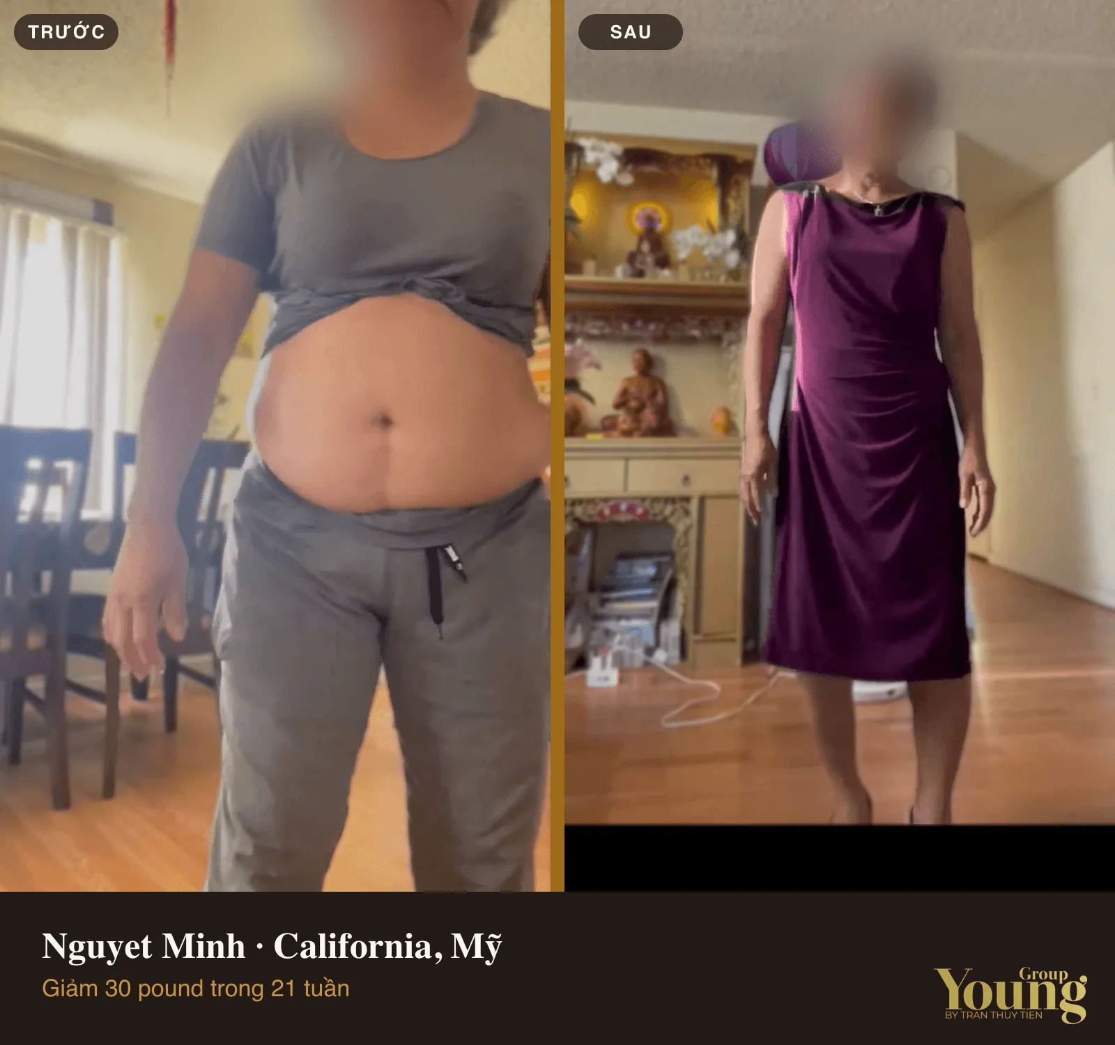 Chị Nguyet Minh trước và sau khi giảm 30 pound (đã che mặt)