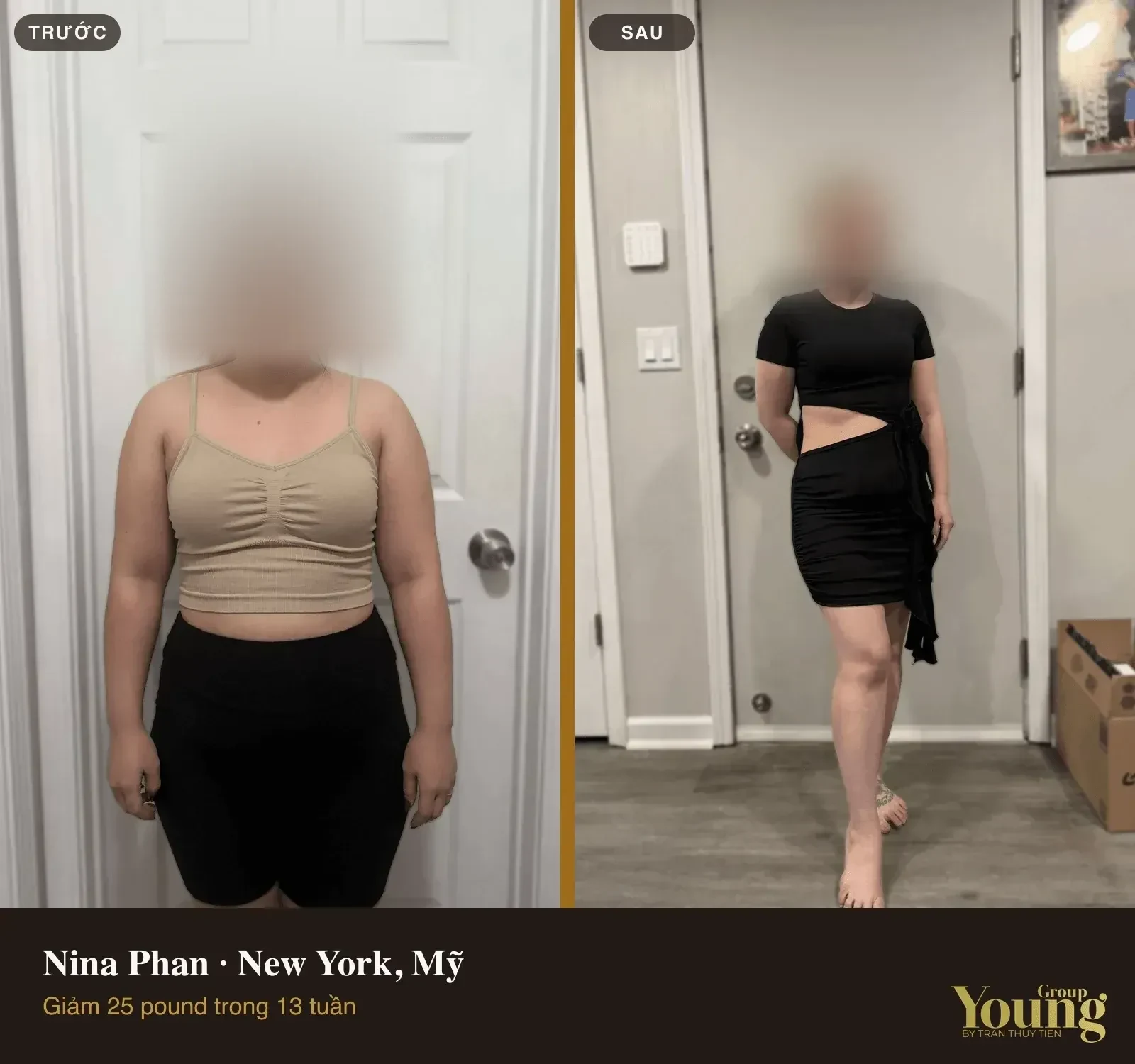 Chị Nina Phan trước và sau khi giảm 25 pound (đã che mặt)