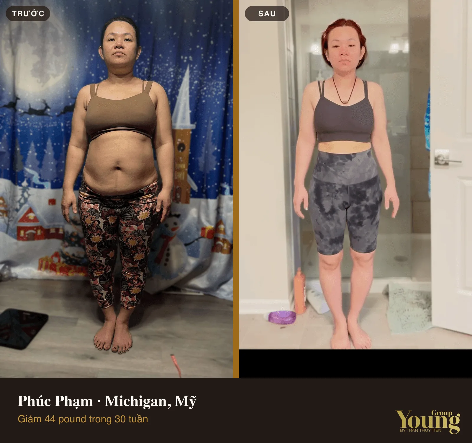 Chị Phúc Phạm trước và sau khi giảm 44 pound