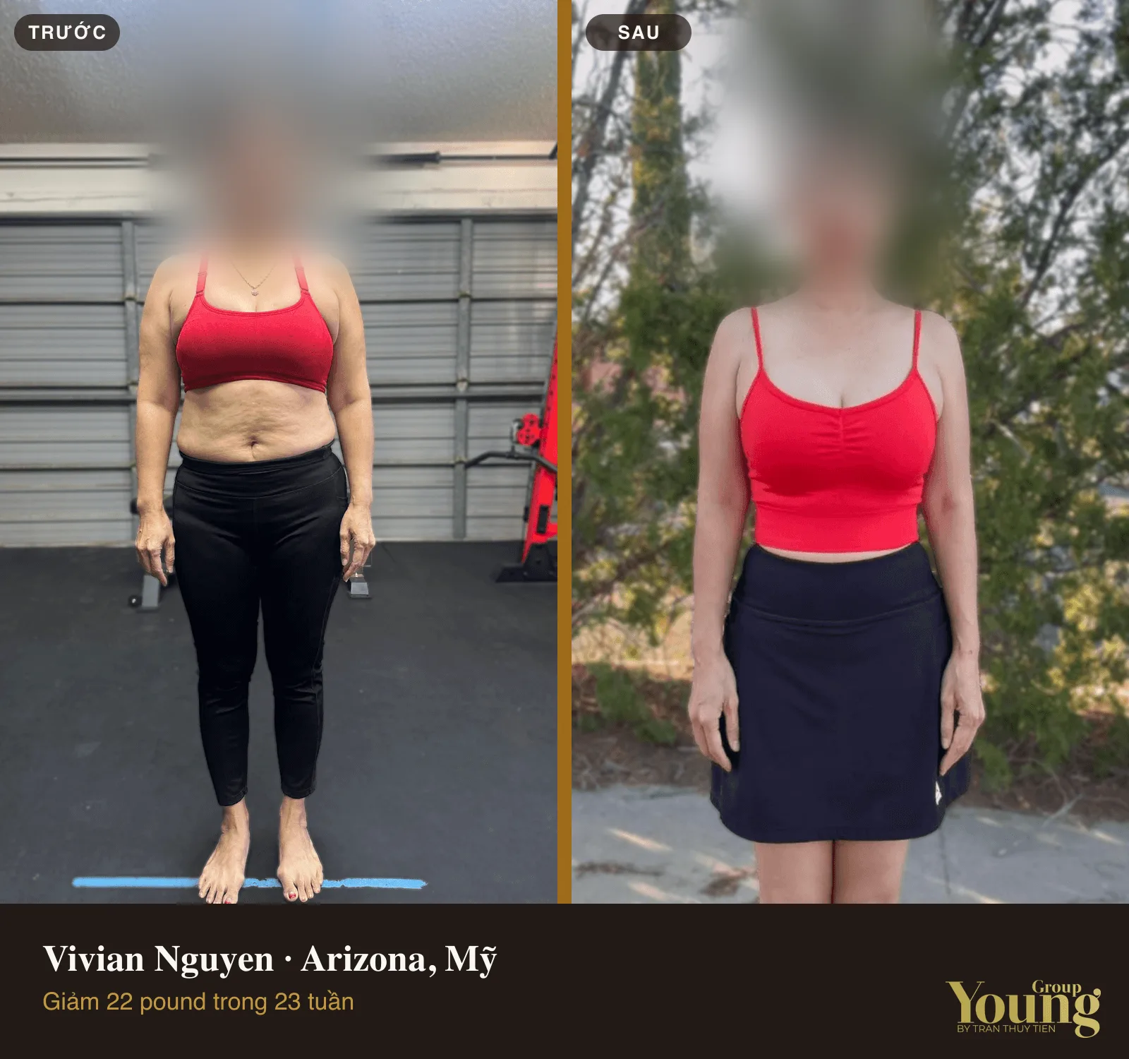 Chị Vivian Nguyen trước và sau khi giảm 22 pound (đã che mặt)